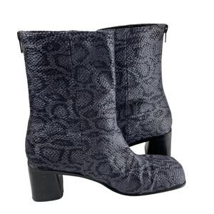 Vintage square toe chunky heel gray black snakeskin pattern fabric upper boot